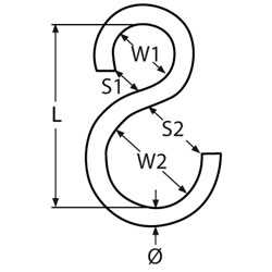 Technische Zeichnung zu S-Haken, asymmetrisch 5mm, Edelstahl A2