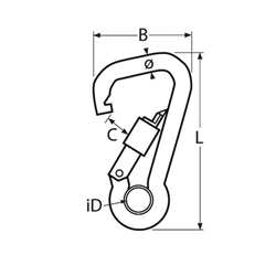 Technische Zeichnung zu Karabinerhaken asymetrisch mit Sicherheitsmutter und Kausche 8x80 (Edelstahl)