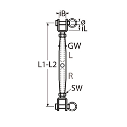 Technische Zeichnung zu Wantenspanner XL mit geschweiÃtem Gabelkopf  20mm (Edelstahl)
