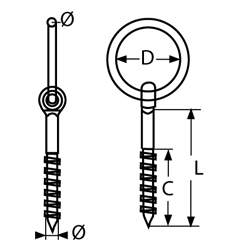 Technische Zeichnung zu Augbolzen mit Ring und Holzgewinde 10mm (Edelstahl)