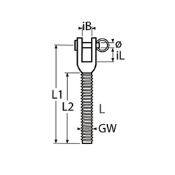 Technische Zeichnung zu Wantenspanner-Gabel mit Linksgewinde, gedrehte AusfÃŒhrung M10 (Edelstahl)