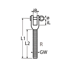 Technische Zeichnung zu Wantenspanner-Gabel mit Rechtsgewinde, gedrehte AusfÃŒhrung M4 (Edelstahl)