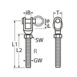 Technische Zeichnung zu Wantenspanner-Gabel Rechtsgewinde M5 (Edelstahl)