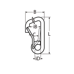 Technische Zeichnung zu Karabinerhaken asymmetrisch 10x102mm, selbstsichernder BÃŒgel (Edelstahl)