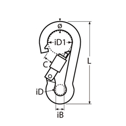 Technische Zeichnung zu Karabinerhaken mit Mutter 7x70mm (Edelstahl)
