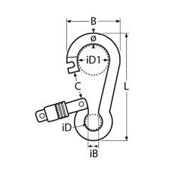 Technische Zeichnung zu Karabinerhaken mit Springverschluss 10x100 (Edelstahl)