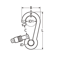 Technische Zeichnung zu Karabinerhaken mit Springverschluss und Kausche 8x80 (Edelstahl)