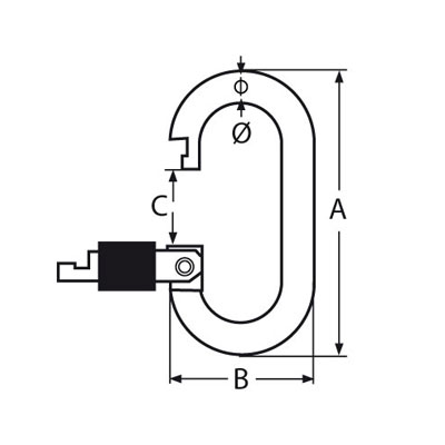 Technische Zeichnung zu Karabinerhaken rund mit Sicherheitsmutter 6mm (Edelstahl)