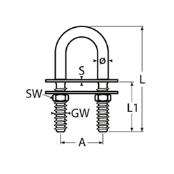 Technische Zeichnung zu U-Bolzen mit 2 Gegenplatten, M10 x 100mm (Edelstahl) A4