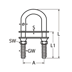 Technische Zeichnung zu U-Bolzen mit 2 Gegenplatten und Abreissmuttern, M8 x 100mm (Edelstahl) A4