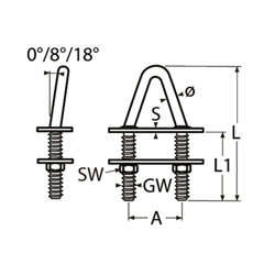 Technische Zeichnung zu Triangel-Bolzen mit 2 Gegenplatten, 0Â°, M10 x 120mm (Edelstahl) A4