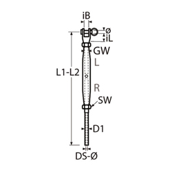 Technische Zeichnung zu Wantenspanner Gabel-Terminal M16 fÃŒr Drahtseil 10mm, gedrehter Gabelkopf (Edelstahl)