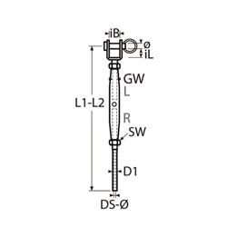 Technische Zeichnung zu Wantenspanner Gabel-Terminal M16 fÃŒr Drahtseil 10mm (Edelstahl)