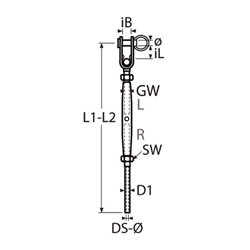 Technische Zeichnung zu Wantenspanner Toggle-Terminal M16 fÃŒr Drahtseil 10mm (Edelstahl)