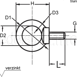 Technische Zeichnung zu Ring-Schraube 10mm (verzinkt)